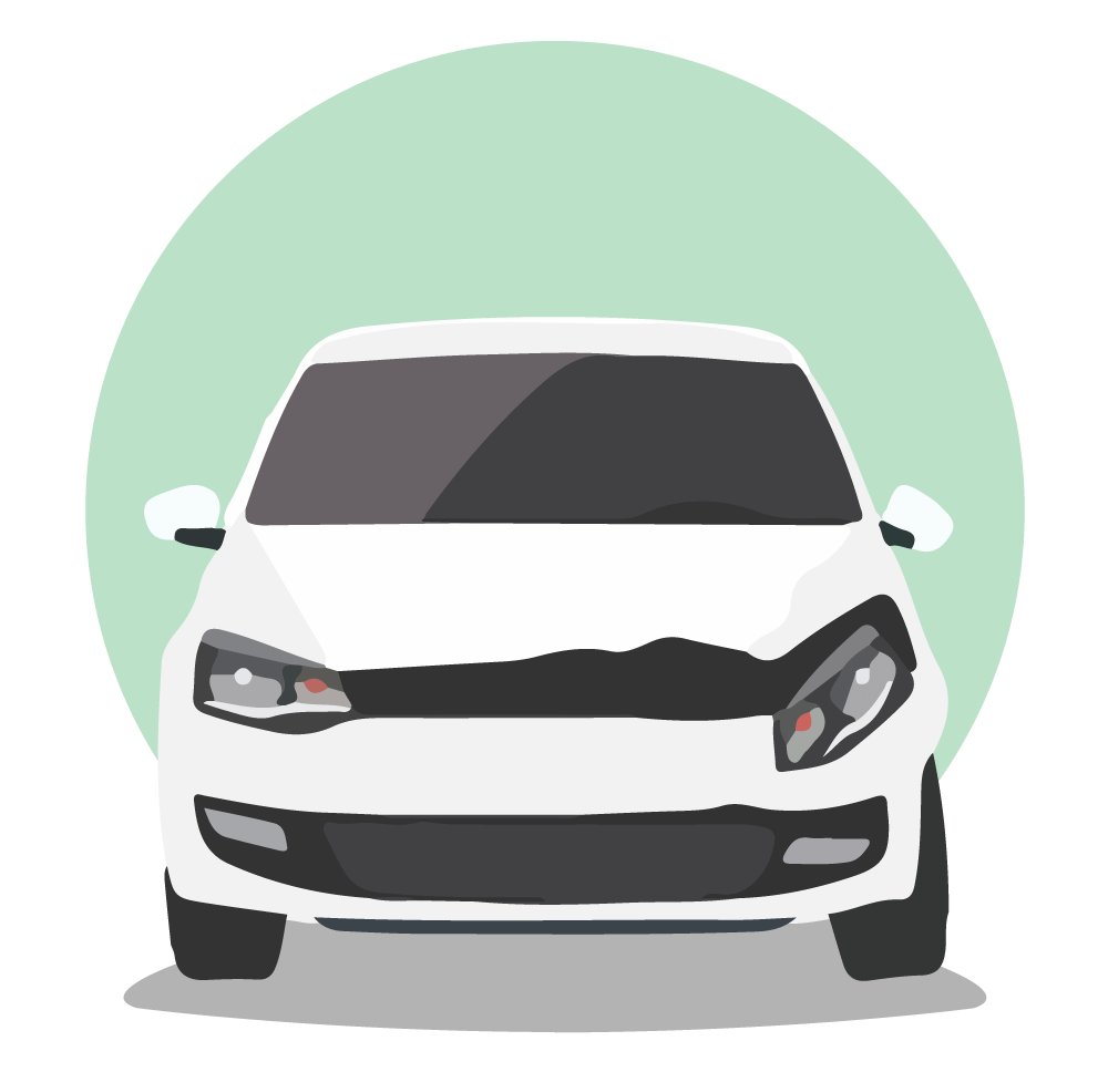Front view illustration of a white modern car with dark tinted windows and headlights on a grey surface with a green circular background, representing used cars and new cars concept.