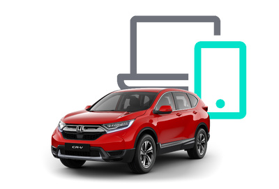 Car with desktop and mobile icon above it