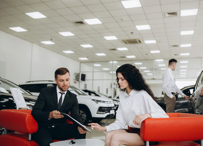 Female and male sat in a car dealership