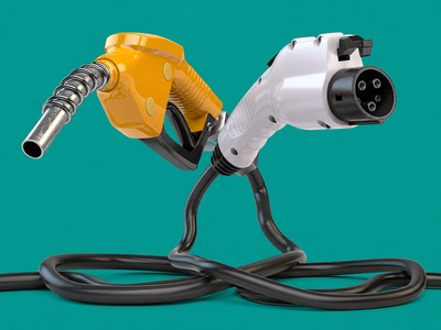 Petrol vs EV charging on teal Vertu background