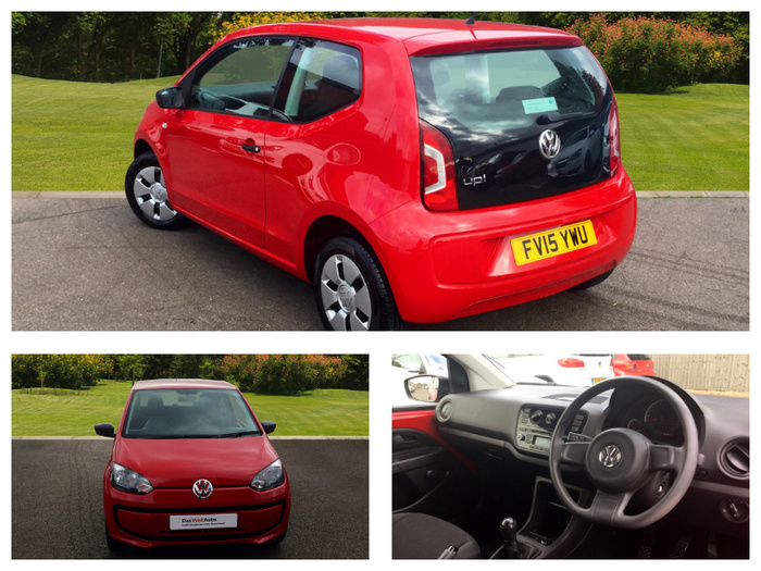Red Volkswagen Up! compact hatchback shown from multiple angles. Top image displays rear and side view with yellow UK license plate FV15 YWU. Bottom left image captures front view with Volkswagen logo and Das WeltAuto dealership plate. Bottom right image shows interior dashboard and steering wheel with Volkswagen emblem, manual transmission gear stick, and black fabric seats. The images highlight a small city car suitable for both used cars and new cars markets.