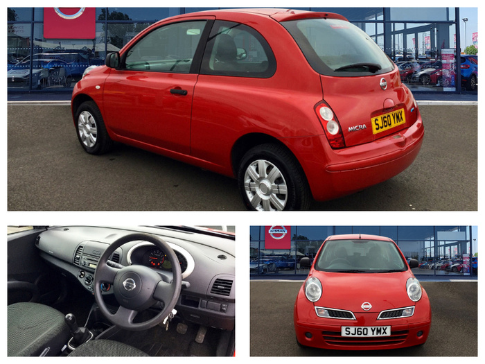 Red Nissan Micra used car with registration number SJ60 YMX displayed from different angles outside a Nissan dealership, showcasing the exterior and interior including the steering wheel, dashboard, and front view. Ideal for those searching for used cars or new cars at a dealership.