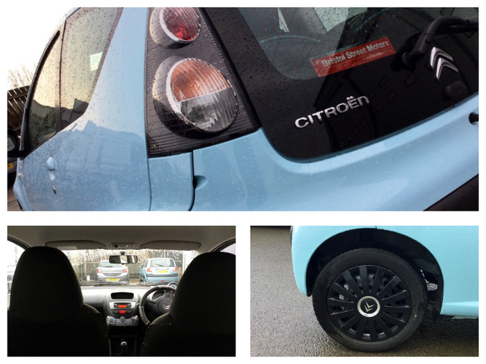 Close-up view of a light blue Citroën car showing rear lights and Citroën badge with a 'Bristol Street Motors' sticker on the rear window. Interior view from the back seats showing dashboard, steering wheel, and front seats with two similar cars visible through the windshield. Close-up of the black wheel with Citroën logo hubcap on wet pavement. Image showcases details suitable for advertising used cars and new cars.