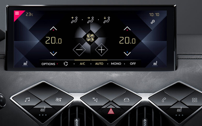 Close-up of a modern car dashboard featuring a digital climate control screen displaying temperature settings of 20.0 degrees Celsius on both sides, fan speed control, and air flow direction icons. The screen shows 23°C and time 10:10, with options for A/C, AUTO, MONO, and OFF. Below the screen are triangular control buttons for music, fan settings, navigation, car functions, phone, and seat heating. This image highlighting advanced car features is relevant for advertising used cars and new cars with modern technology.