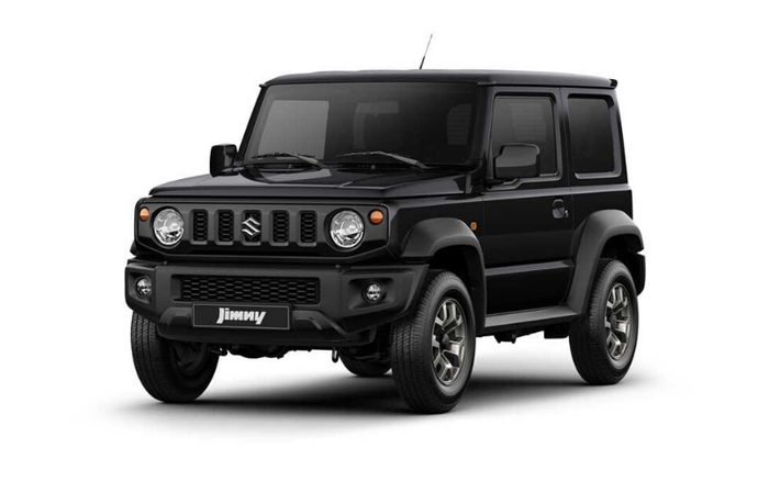 Black Suzuki Jimny compact SUV angled front view on white background, showcasing its boxy design, round headlights, and bold grille. The vehicle is a popular model among used cars and new cars in the market.