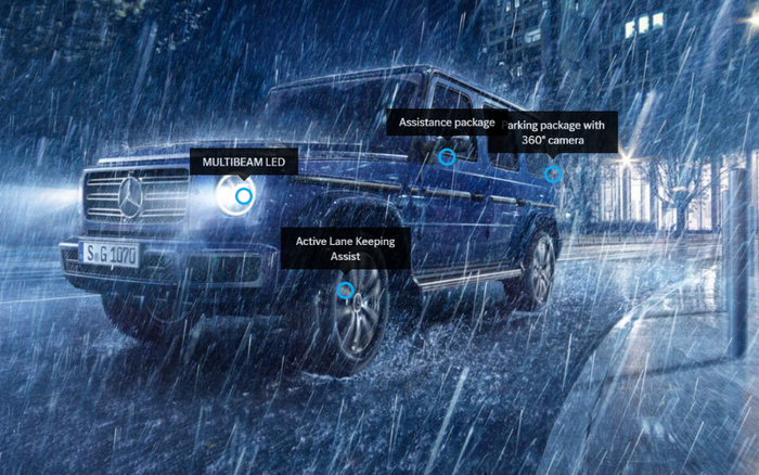 Black Mercedes-Benz G-Class SUV driving in heavy rain on a city street at night with illuminated headlights. Labels highlight features including Multibeam LED headlights, Active Lane Keeping Assist near the front wheel, Assistance package on the driver-side window, and Parking package with 360° camera near the rear side window. This image showcases advanced technology features relevant for buyers interested in used cars and new cars.