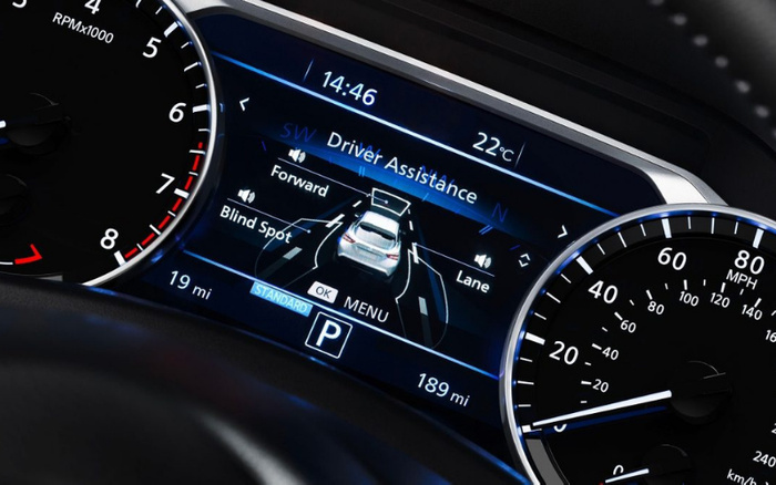 Close-up of a car dashboard displaying driver assistance digital information including Forward, Blind Spot, and Lane monitoring. The screen shows the time as 14:46, outside temperature at 22°C, and the car is in park mode with a mileage reading of 19 miles current trip and 189 miles total. Tachometer on the left and speedometer marked in miles per hour on the right. Ideal for illustrating modern technology in used cars and new cars.