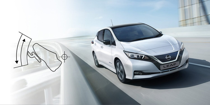 White Nissan Leaf electric car driving on a modern highway with clear blue sky. The car has a LEAF licence plate and features sleek headlights and a black roof. To the left of the car is a black line drawing illustrating foot pedal pressure with an arrow indicating up and down movement, representing driving control. This image highlights a new car model that is relevant for buyers interested in used cars and new cars.