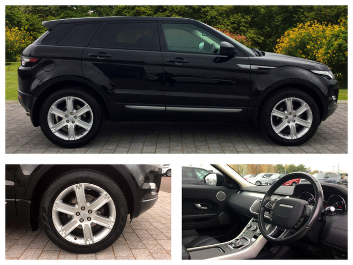 Black Range Rover Evoque SUV parked on a paved driveway with green bushes and yellow flowers in the background. Close-up image of the car's silver alloy wheel and tyre showing detailed tread. Interior view of the car featuring black leather seats, a modern dashboard, steering wheel with control buttons, and centre console with gear selector. This vehicle is showcased as an example of both used cars and new cars available for sale.
