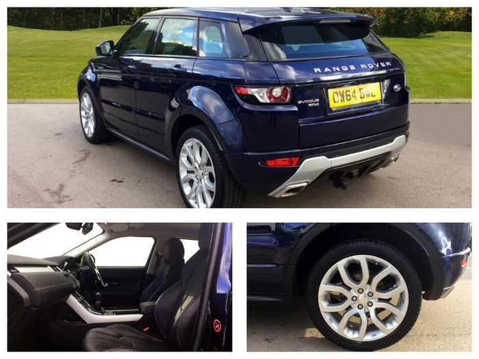 Used dark blue Range Rover Evoque SD4 parked on a driveway with visible registration plate OW64 BWL, highlighting the rear and side profile of the vehicle. Close-up images show the luxurious black leather interior seats and modern dashboard, as well as a detailed view of the alloy wheel rim. Ideal for advertising used cars and new cars.