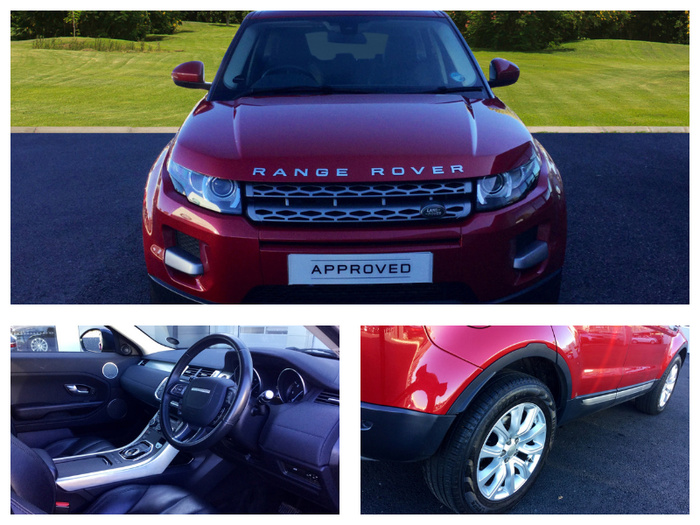 Red Range Rover with 'APPROVED' plate, showcasing front exterior, black leather interior with steering wheel and dashboard, and close-up of alloy wheel and tyre on new and used cars parking area.