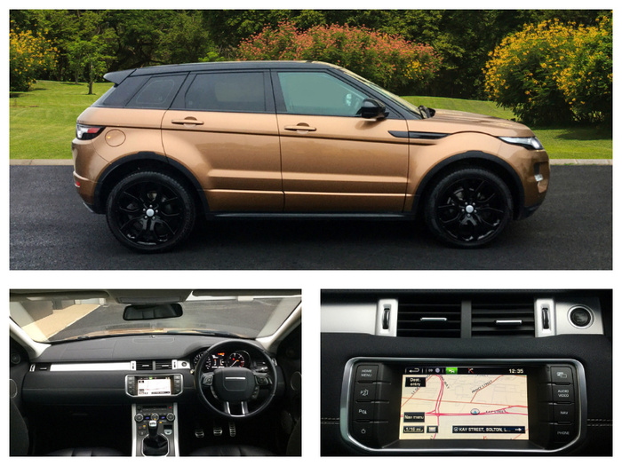 Side view of a bronze Range Rover Evoque parked outdoors with greenery in the background, showcasing the vehicle's sleek design and black alloy wheels. Interior view of the dashboard and steering wheel of the same Range Rover Evoque featuring modern controls and a central touchscreen display. Close-up of the car's infotainment system showing a GPS navigation map directing to Kay Street, Bolton, with various menu options visible. Ideal image for used cars and new cars listings highlighting this luxury SUV model.