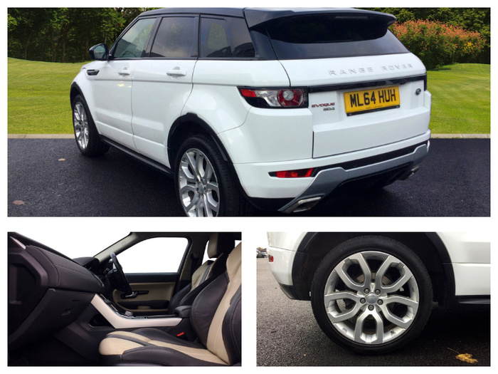 White Range Rover Evoque SD4 with registration plate ML64 HUH shown from rear left side on a tarmac driveway with green grass background, showing exterior body and rear lights. Interior view of black and beige leather seats and dashboard, steering wheel on right side. Close-up of silver alloy wheel and tyre on the vehicle. The images highlight features and condition relevant to used cars and new cars.