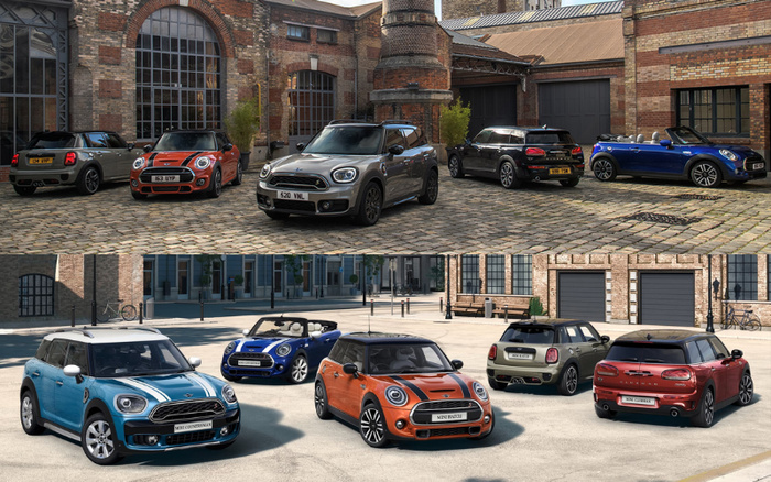 Collection of various Mini cars displayed in two different outdoor locations with cobblestone and paved surfaces. The first group includes cars in grey, orange, black, and blue, set against a backdrop of historic brick buildings with large industrial windows. The second group includes blue, orange, beige, red, and blue convertible Mini cars parked in a sunlit open area with modern buildings and parked bicycles in the background. Number plates visible include 64 WLF, 63 LYP, 520 VNL, and MK07 OZL. This image highlights a variety of Mini models suitable for both used cars and new cars buyers.