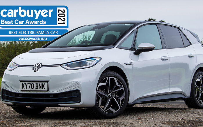 White Volkswagen ID.3 electric car parked outdoors, displaying UK registration plate KY70 BNK, with text overlay reading 'carbuyer Best Car Awards 2021, Best Electric Family Car Volkswagen ID.3'. Image suitable for used cars and new cars promotions.
