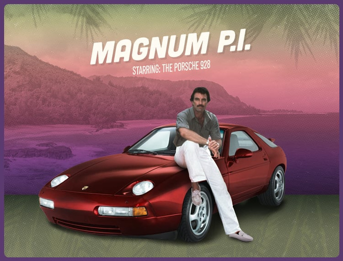 Poster of Magnum P.I. featuring a man with a mustache sitting on the hood of a red Porsche 928 with a tropical beach and mountains in the background, text reads 'MAGNUM P.I. Starring: The Porsche 928', highlighting a classic car relevant to used cars and new cars enthusiasts.