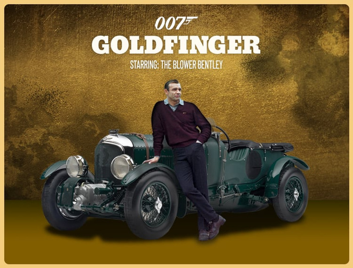 Vintage promotional poster styled image with a man leaning against a classic green Blower Bentley car. Text above reads '007 Goldfinger starring: The Blower Bentley' on a textured gold background. Classic used cars theme with reference to new cars through James Bond movie branding.