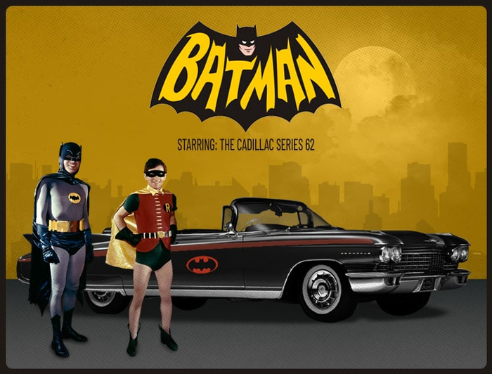 Vintage Batman poster featuring Batman and Robin standing next to a black 1962 Cadillac Series 62 convertible with a Batman logo on the door, set against a yellow background with the text 'BATMAN' and 'Starring: The Cadillac Series 62'. Classic used car and new cars theme implied by the iconic vehicle.
