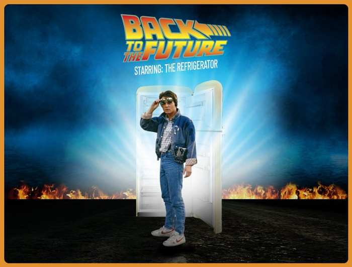 Parody image featuring a man standing in front of an open refrigerator emitting bright light, with flames on the ground behind. Above him, bold text reads 'BACK TO THE FUTURE' with smaller text below stating 'STARRING: THE REFRIGERATOR'. Background is dark blue and black with fiery orange flames, evoking a dramatic movie poster style. Focus is on the humorous twist with a refrigerator instead of a car, relevant to themes of used cars and new cars in a playful context.