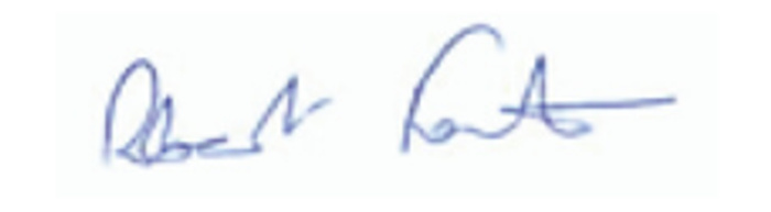 Two handwritten signatures in blue ink on a white background