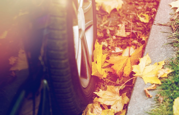 Close-up of a car wheel parked next to a curb with fallen yellow autumn leaves scattered around, capturing a seasonal outdoor scene related to used cars and new cars.