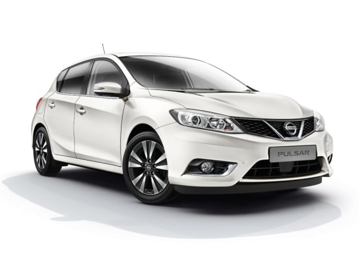 White Nissan Pulsar hatchback car photographed on a white background, showcasing the vehicle's front and side profile. The image is ideal for used cars and new cars listings or promotions.