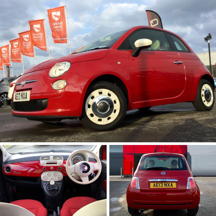 Red Fiat 500 with registration AE13 NXA displayed at Bristol Street Motors dealership, featuring multiple orange Bristol Street Motors flags in the background. The car is shown from the front side, the rear view, and the interior dashboard with cream and red detailing. The images highlight the used cars and new cars available at the dealership.