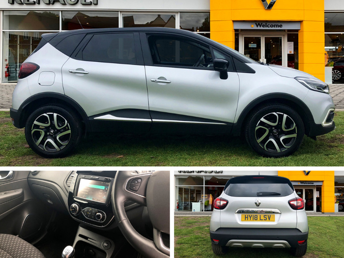 Silver Renault Captur parked outside a Renault dealership with yellow facade and Welcome sign. Side view shows the car on grass, featuring black tinted windows and alloy wheels. Interior view of the front cabin displaying steering wheel, touchscreen infotainment system, and manual gear shift. Rear view highlights the registration plate HY18 LSV and Renault logo, emphasising the availability of used cars and new cars at the Renault showroom.