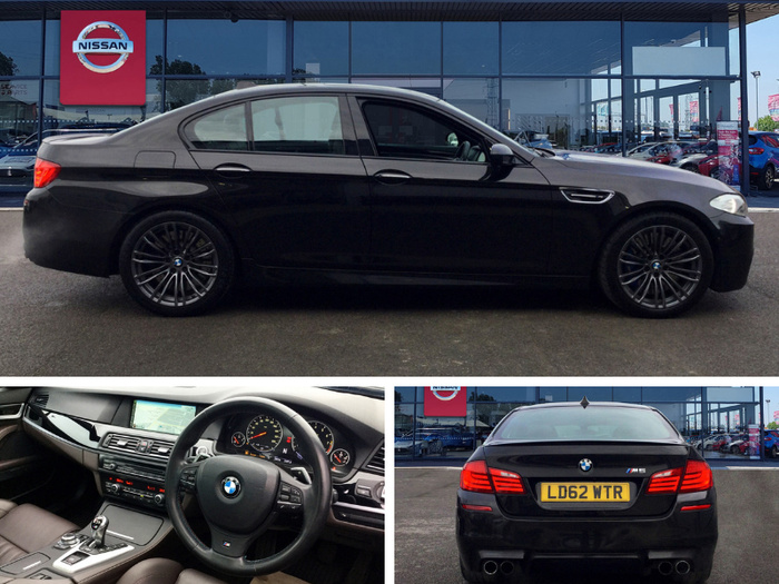 Black BMW M5 parked outside a Nissan dealership showing side profile, rear view with registration plate LD62 WTR, and interior view of the steering wheel and dashboard. The images depict features of both used cars and new cars available at the dealership.