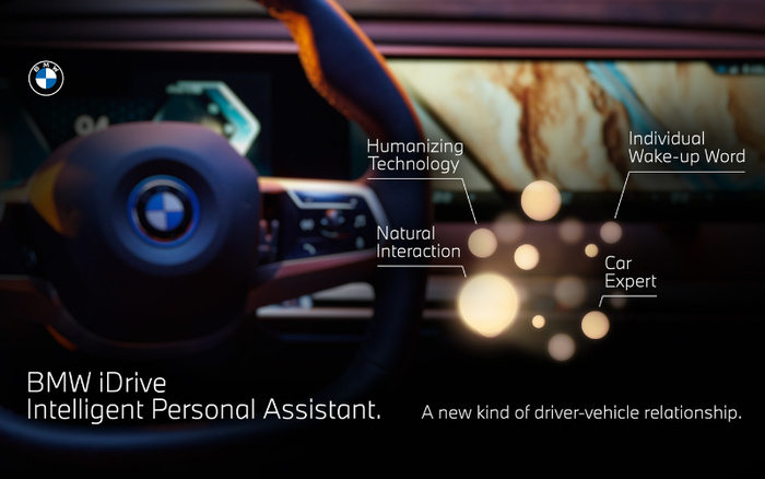 BMW iDrive Intelligent Personal Assistant dashboard interface in a BMW car featuring a steering wheel with the BMW logo. Highlights include Humanizing Technology, Natural Interaction, Individual Wake-up Word, and Car Expert characteristics, promoting a new kind of driver-vehicle relationship. The image relates to both used cars and new cars with advanced technology.