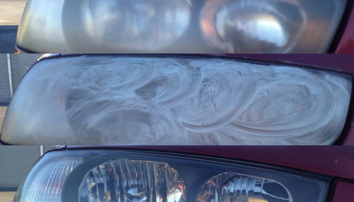 Three close-up images of a car headlight showing the process of restoration: the top image shows a yellowed and foggy headlight on a red car, the middle image shows the headlight covered in a white cleaning or polishing compound, and the bottom image shows the same headlight fully restored, clear and shiny. This visual highlights the importance of maintenance for both used cars and new cars.