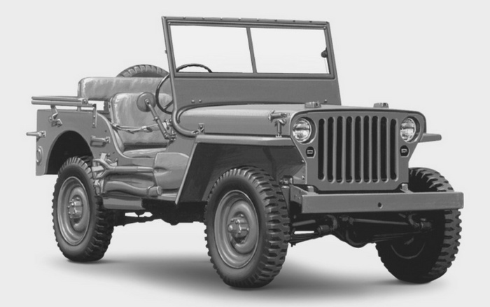 Black and white image of a classic vintage military-style Jeep with open sides, a foldable windshield, and rugged tires, showcasing an iconic design often sought after in used cars and new cars collections.