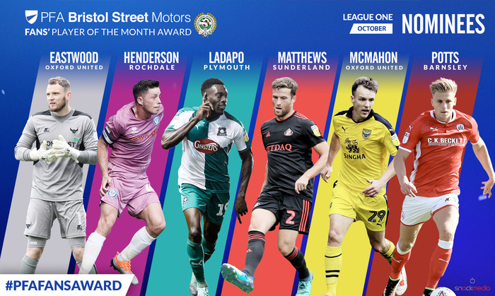 PFA Bristol Street Motors Fans' Player of the Month Award League One October nominees featuring football players Eastwood from Oxford United, Henderson from Rochdale, Ladapo from Plymouth, Matthews from Sunderland, McMahon from Oxford United, and Potts from Barnsley, with hashtag #PFAFANSAWARD and Bristol Street Motors logo, ideal for used cars and new cars promotion.