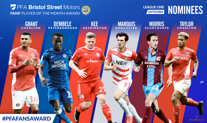 PFA Bristol Street Motors Fans' Player of the Month Award League One September nominees featuring six football players: Grant from Charlton wearing red with number 18, Dembele from Peterborough in blue with number 10, Kee from Accrington in red with number 29, Marquis from Doncaster in white and red with number 9, Morris from Scunthorpe in maroon and blue with number 21, and Taylor from Charlton in red with blond hair. Image branded with hashtags #PFAFANSAWARD and sponsor logos. Optimised for used cars and new cars.