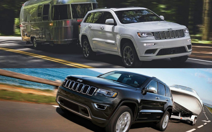 Two images showing Jeep Grand Cherokee SUVs towing trailers on roads. The top image features a white Jeep Grand Cherokee towing a silver caravan on a forested road. The bottom image displays a black Jeep Grand Cherokee towing a large white boat on a coastal road. Both vehicles demonstrate power and capability, relevant for customers interested in used cars or new cars suitable for towing.