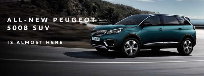 All-new Peugeot 5008 SUV driving on a winding road with blurred scenery in the background, accompanied by text saying 'All-New Peugeot 5008 SUV is almost here', promoting the arrival of the new model for used cars and new cars buyers.