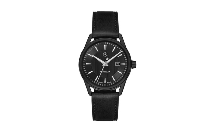 Black Mercedes-Benz wristwatch with leather strap, black dial featuring Mercedes logo, date display showing 28, text AUTOMATIK, and SWISS MADE label. Image is unrelated to used cars or new cars.