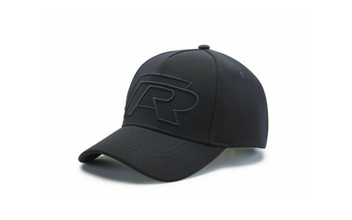 Black baseball cap featuring a stylised 'R' logo embroidered on the front, isolated on a white background, suitable for fans of used cars and new cars brands.
