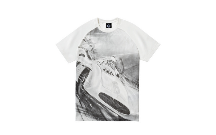 White T-shirt featuring a monochrome vintage race car design with the number 16 on the car, depicted in a dynamic sketch style. The T-shirt has a Mercedes-Benz logo on the neck tag. No text related to used cars or new cars on the shirt.