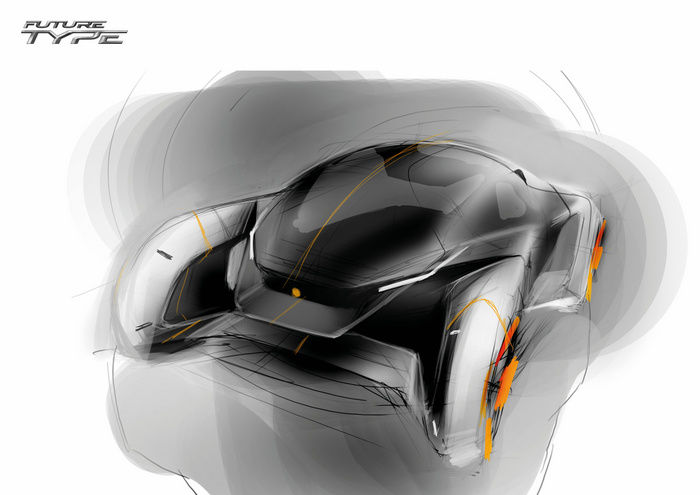 Futuristic car concept sketch titled 'Future Type' featuring a sleek, black aerodynamic vehicle with large wheels accented by orange highlights, showcasing a modern and innovative design ideal for new cars and futuristic used cars collections.