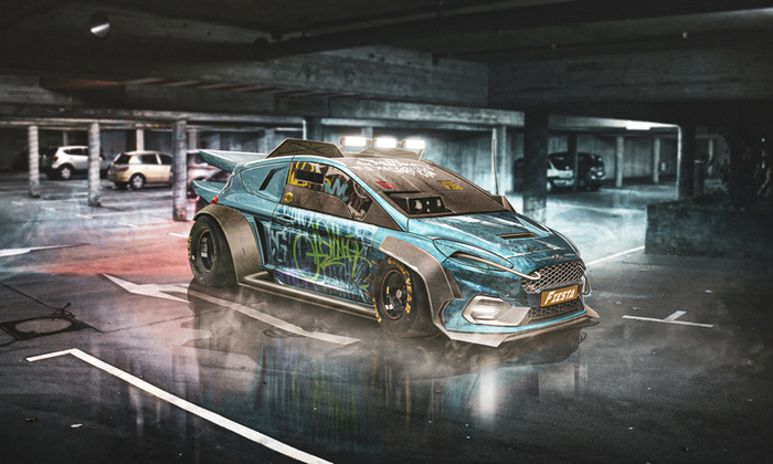 Modified blue Ford Fiesta with graffiti-style paint and wide fenders parked in a dimly lit underground car park, showcasing a unique and custom design. Surrounding area includes other parked cars in the background. Image relevant for used cars and new cars context.