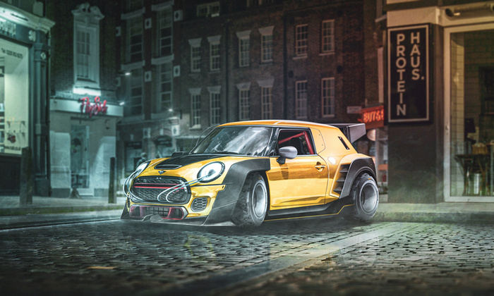 Yellow and black customised sports car parked on a cobblestone street at night in front of buildings with neon signs, including one reading 'PROTEIN HAUS.' The scene highlights a modern, stylish vehicle, relevant for used cars and new cars enthusiasts.
