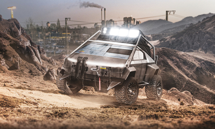 Futuristic off-road electric vehicle resembling the Tesla Cybertruck driving on rugged, dusty terrain in a mountainous desert landscape with industrial buildings and smoke stacks in the background. The vehicle has prominent roof-mounted LED lights and heavy-duty tires designed for extreme conditions. This scene highlights an innovative new car model suitable for rough environments, appealing to buyers interested in both new cars and used cars with advanced off-road capabilities.