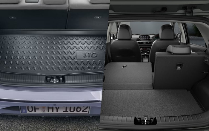 Split image showing the rear cargo area of a car. Left side displays a close-up of a rubber boot liner with 'i10' embossed, fitted inside the trunk with a visible German license plate 'OF HY 1062' at the bottom. Right side shows a wider view from the rear with one seat folded down to extend the cargo space in a modern car interior featuring black seats and a dashboard with a digital display. Ideal visual for used cars and new cars highlighting interior cargo capacity and practical features.