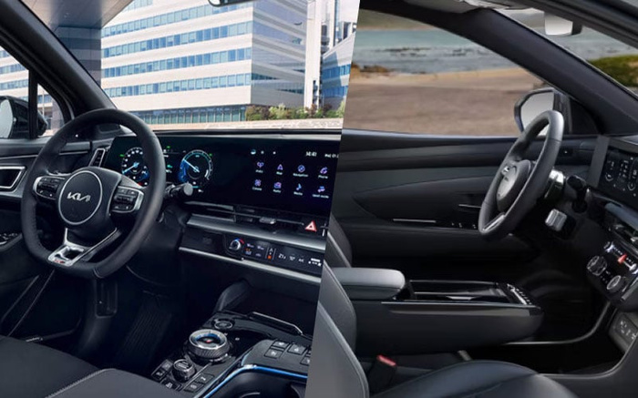 Side-by-side comparison of the interiors of two cars showcasing modern design and technology, featuring the steering wheels, dashboard displays, and centre consoles; the left interior is from a Kia vehicle with a digital instrument cluster and touchscreen infotainment system, positioned in front of a modern building, while the right interior shows a sleek, minimalist design with a focus on comfort and simplicity, viewed against a backdrop of a beach landscape; suitable for illustrating used cars and new cars options.
