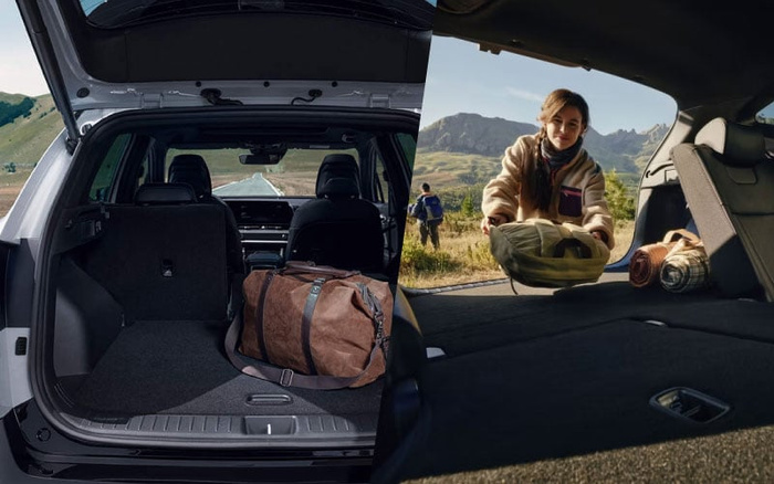Two views of a car's spacious luggage area, one showing an empty rear trunk with a brown leather duffel bag and the folded rear seats, the other showing a woman loading a bag into the open boot of a car parked in a scenic outdoor setting with mountains in the background, illustrating practicality and space for used cars and new cars.