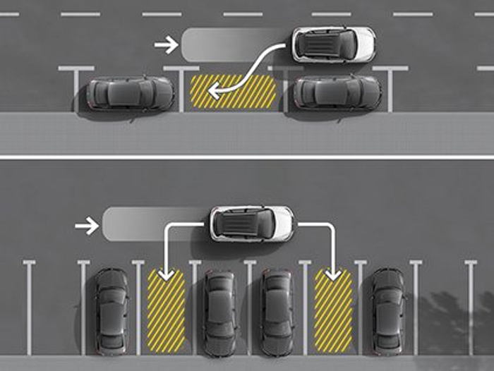 Top-down view of two car parks demonstrating proper parking techniques. The upper section shows two black cars on either side of a white car parking between yellow-striped no parking zones. The lower section shows a white car manoeuvring into a parking space between two yellow-striped no parking zones among black cars. Emphasises correct parking without crossing lines, relevant for used cars and new cars parking guidance.