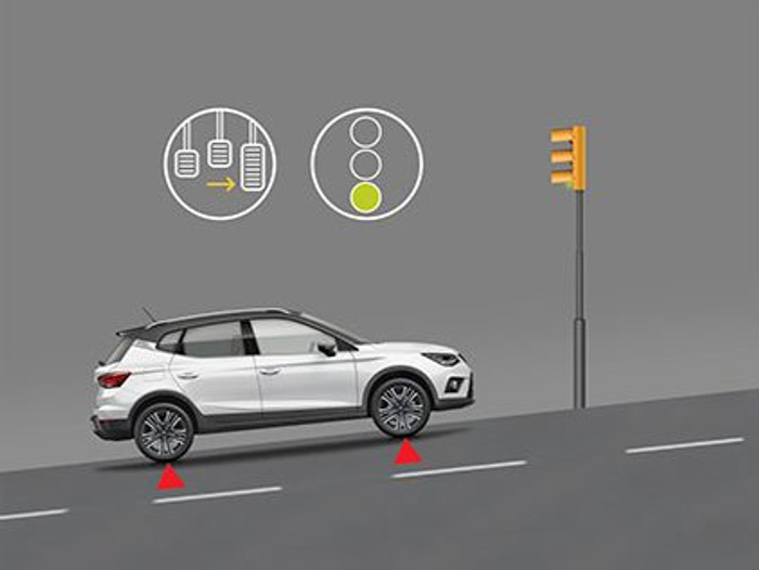 White SUV parked on an inclined road next to a traffic light showing an amber light. Above the car, icons depict a foot pressing the clutch, brake, and accelerator pedals in order, and a green light on a circular indicator, suggesting instructions for driving or gear control. The scene represents careful driving techniques relevant to used cars and new cars on slopes.