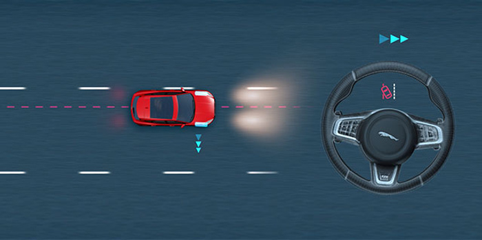 Top-down view of a red car driving on a multi-lane road with lane markings, demonstrating lane keeping assist technology. The car's headlights are on, illuminating the lane ahead, and blue arrows indicate the car is staying within its lane. To the right, a Jaguar steering wheel is shown with indicators representing automated steering corrections. This image highlights advanced safety features commonly found in new cars and used cars equipped with modern driver assistance systems.