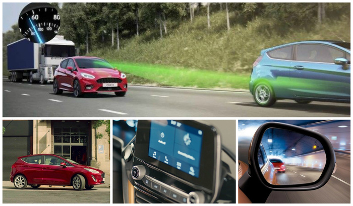 Collage of images showcasing features of used cars and new cars. Top image features a red Ford Fiesta following a blue car with green sensor detection light between the vehicles and an inset speedometer reading about 65 mph. Bottom left shows a red car parked near a building with a parking sign. Bottom centre displays a car infotainment system touchscreen with audio, phone, and climate controls. Bottom right captures a car's side mirror showing the image of a red vehicle behind inside a tunnel with a blind spot warning indicator lit.